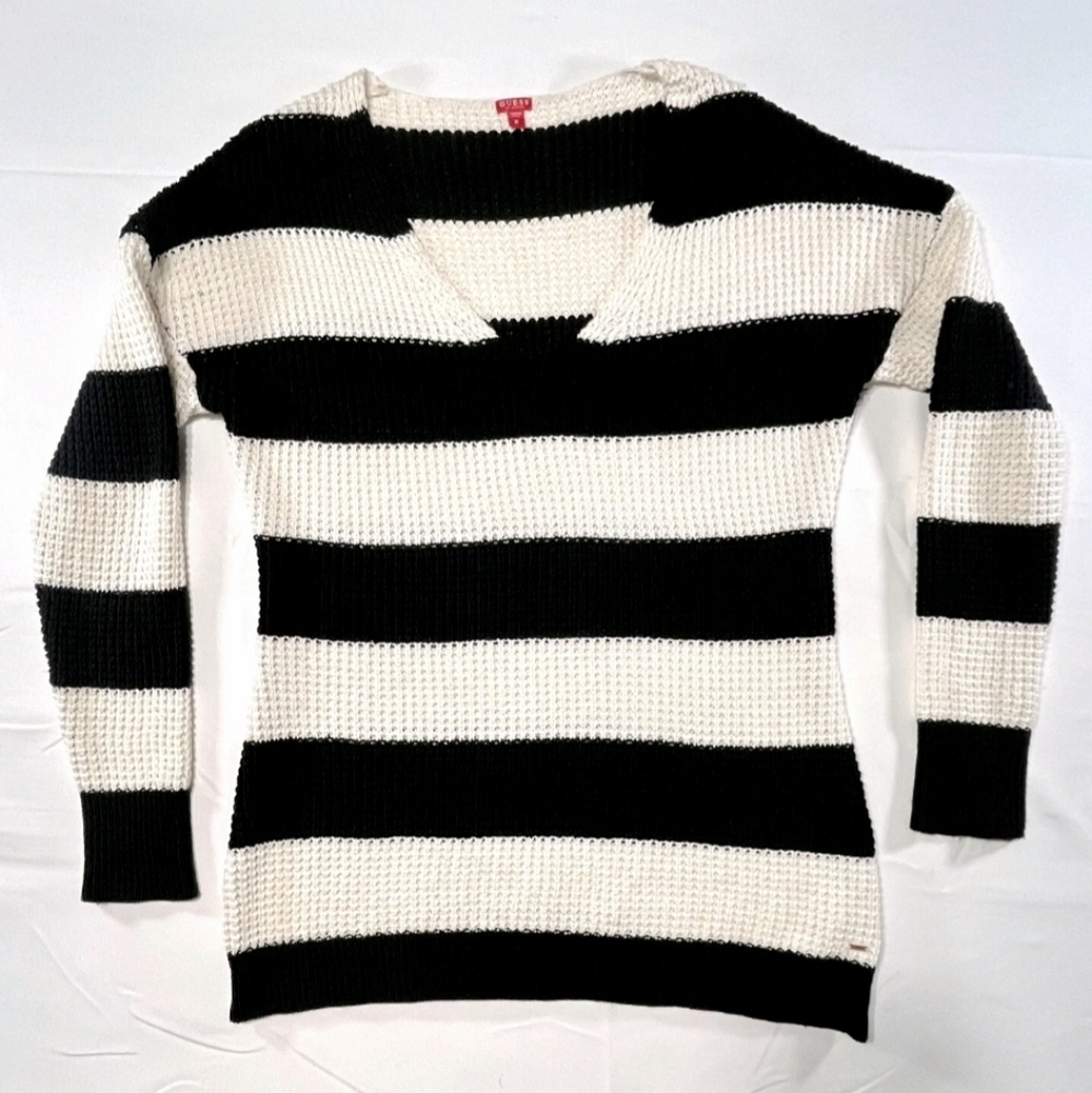 Guess Women's Black and White Striped V-Neck Sweater